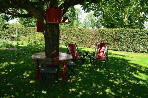 two chairs and a table under a tree at Cabane du hibou in Beauraing