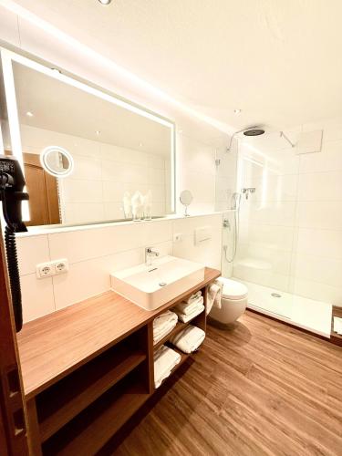 a bathroom with a sink and a toilet and a mirror at Ferienhaus Rosa 2 & 5 in Füssen