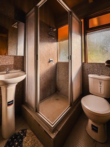 a bathroom with a shower and a toilet and a sink at EL TRAPICHE in Sigchos