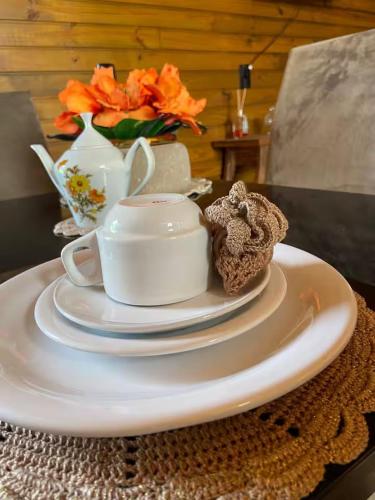 a cup and a plate with a cupcake on a table at Chalé Vô Nono in Barracão