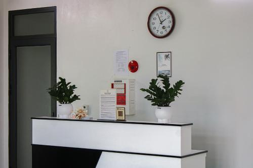 a counter with two plants and a clock on a wall at Trà Xuân Homestay in Kon Rung (1)