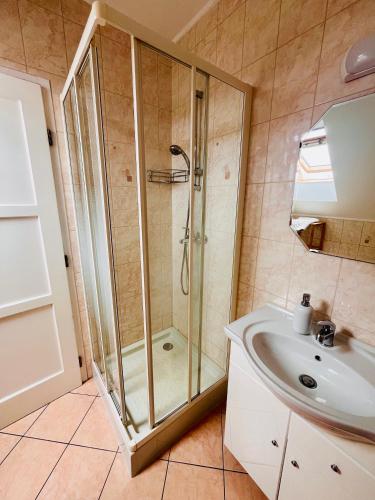 a bathroom with a shower and a sink at Ilona Apartmanházak in Gyenesdiás