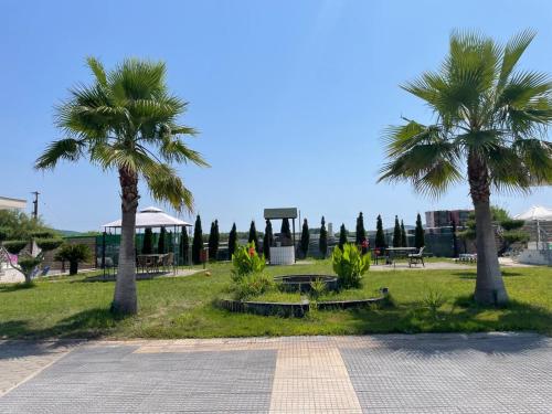 a park with two palm trees and a fountain at SeaView Peramos 2 in Néa Péramos