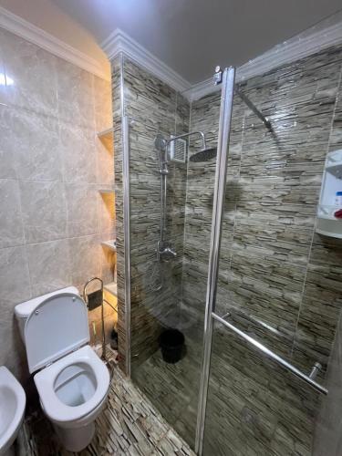 un bagno con wc e doccia in vetro di appartement Anna 2 chambres et salon balcons de avec piscine bien situé au centre de oued laou a Oued Laou