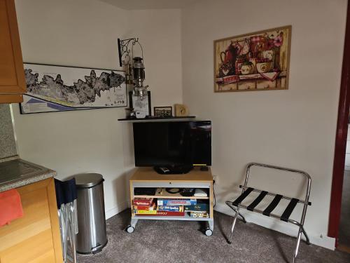 a small table with a tv and a chair in a room at Ser's Studio Orange in Maastricht