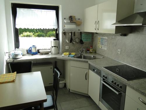 a kitchen with a sink and a counter top at 3 Sterne Gästehaus Zollerblick in Zimmern