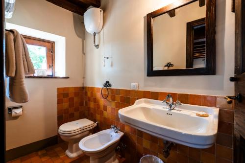 a bathroom with a sink and a toilet and a mirror at Podere Dell'Arco Country Charme in Viterbo