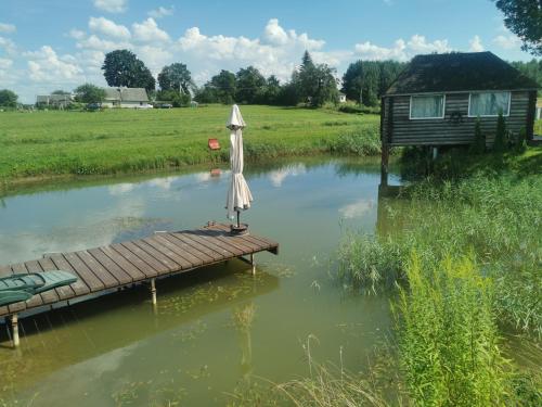 ein Regenschirm, der auf einem Steg in einem Fluss steht in der Unterkunft Edmart in Dobromislė