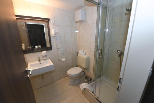 a bathroom with a shower and a toilet and a sink at Jade Hotel-Ezüsthíd Hotel in Veszprém