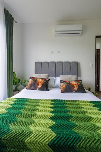 a bedroom with a large bed with a green carpet at La Vista in Piedras