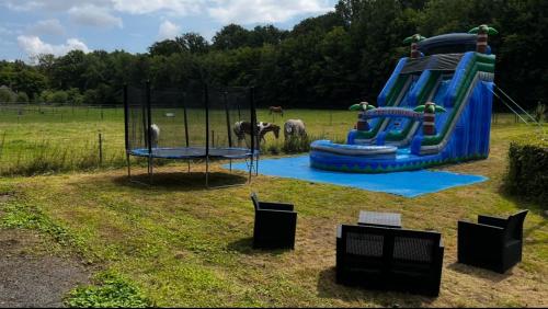 a playground with a blue water slide in a field at Le chalet de Baptiste in Saint-Michel