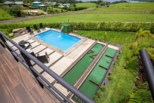 an overhead view of a swimming pool in a yard at La Vista in Piedras