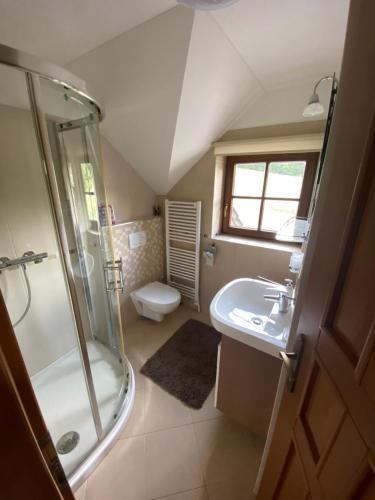 a bathroom with a shower and a sink and a toilet at Chata Snowland in Valča