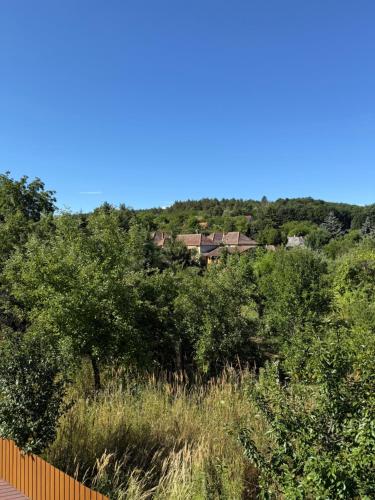 a house on top of a hill with trees at Bogatu Vendégház in Bogács