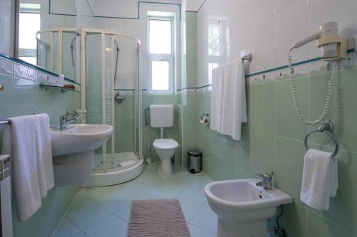 a green and white bathroom with a sink and a toilet at Hotel Roberto Sinaia in Sinaia
