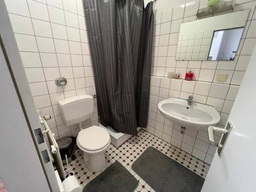 a small bathroom with a toilet and a sink at Rosenappartements in Saarbrücken
