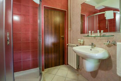 a bathroom with a sink and a shower at Hotel Roberto Sinaia in Sinaia