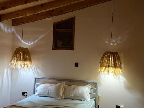 two lights hanging above a bed in a bedroom at Sweta Takawiri island Shamba house in Takawiri Island