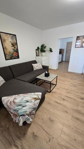 a living room with a couch and a wooden floor at Xela Apartment in Sklenárovo