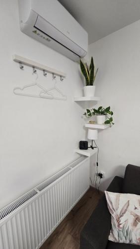 a living room with a couch and a plant on the wall at Xela Apartment in Sklenárovo