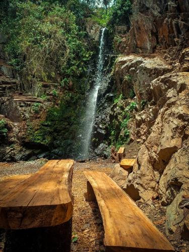 two logs sitting in front of a waterfall at Ecoterra Inka Lodge in Santa Ana