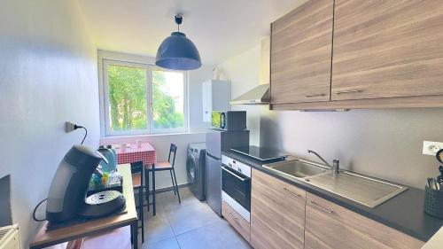 アミアンにあるBel appartement 2 chambres proche St Leuのシンクとコンロのある小さなキッチン