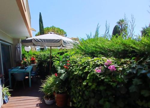 a patio with an umbrella and some plants and flowers at Des vacances de rêve à Mandelieu in Mandelieu-la-Napoule