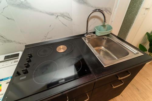 Una encimera de cocina con un fregadero y una estufa. en Appartamento Green House, en Turín