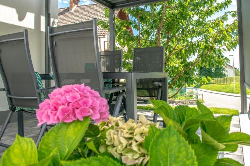 two chairs and a pink flower on a patio at Apartments Šlosarjeva Hiša Nature & Tradition in Preddvor