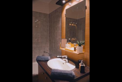 a bathroom with a sink and a mirror at studio chic redécoré avec soin, idéal couples familles ou entre amis,parfait pour cure thermale ou séjour ski, wifi 180 chaines tv parking couvert in Brides-les-Bains