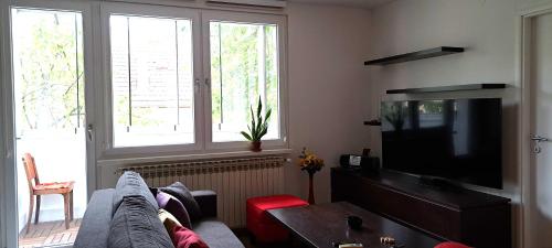 Una sala de estar con un sofá y un televisor de pantalla plana. en Cherry Apartment, en Sarajevo