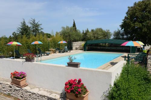 uma piscina com guarda-sóis e flores em vasos em Hotel Le Lagon em Rochefort-du-Gard