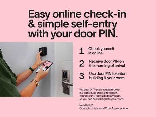 an advertisement for an online check in and a simple self entry with your door pin at Numa Berlin Potsdamer Platz in Berlin