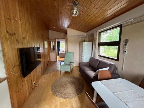 ein Wohnzimmer mit Sofa und Fernseher in der Unterkunft Semi-detached cottage by the lake in Jyväskylä