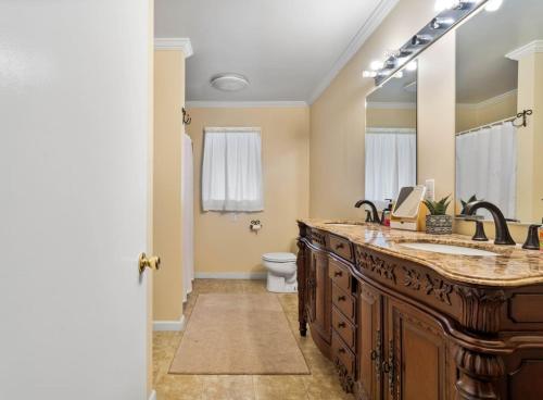 a bathroom with a sink and a toilet at Fawn Hollow Retreat, King bed, game room, BBQ 