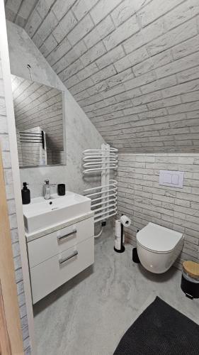 a white bathroom with a sink and a toilet at Przystań nad Sanem z widokiem na góry i rzekę in Tyrawa Solna