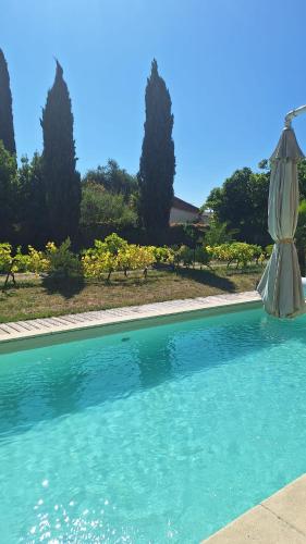 - une piscine avec un parasol dans l'établissement Gite des fleurs, à Cozes