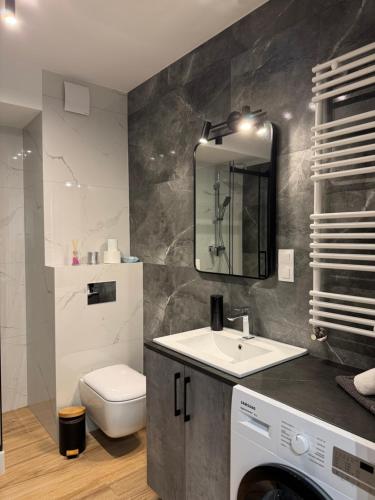 a bathroom with a sink and a toilet and a mirror at Apartamenty Cegielnia 2 Lux-Haus in Gorzów Wielkopolski