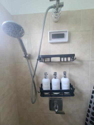 a bathroom with a shower with four bottles on a shelf at Cozy Escape in Charlestown