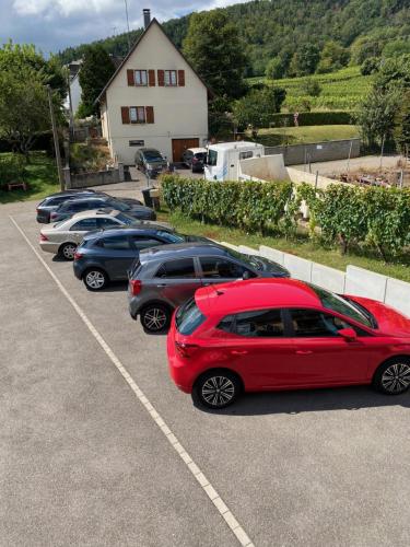 a row of parked cars in a parking lot at le chemin du meunier in Riquewihr