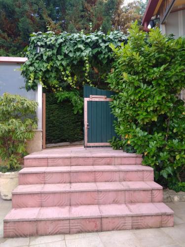 a set of stairs leading to a green door at Asteras Hotel in Naousa Imathias