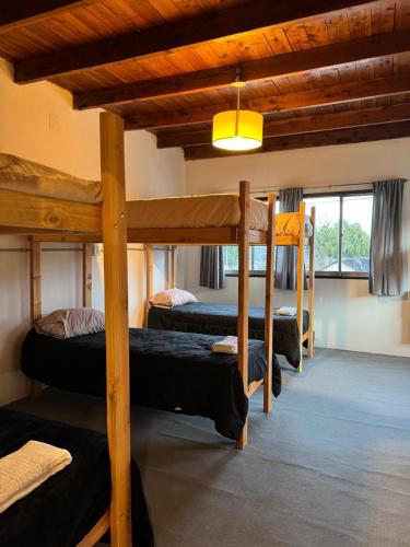 a room with three bunk beds in a cabin at Hostel 360 Patagonia in El Bolsón