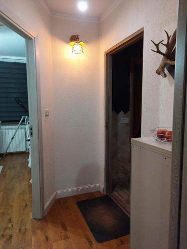 a hallway with a door leading into a room with at SylApart in Bicaz