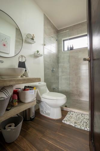 a bathroom with a toilet and a sink and a shower at La Vista in Piedras
