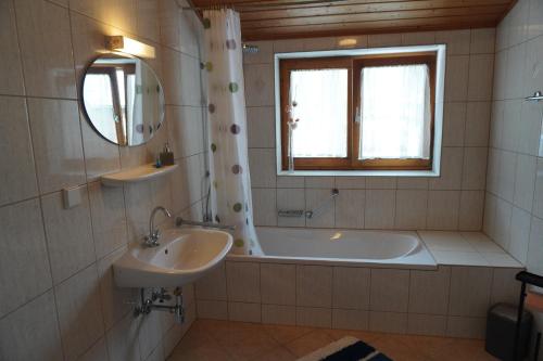 a bathroom with a sink and a tub and a mirror at Apartment Zehentmoar in Gröbming