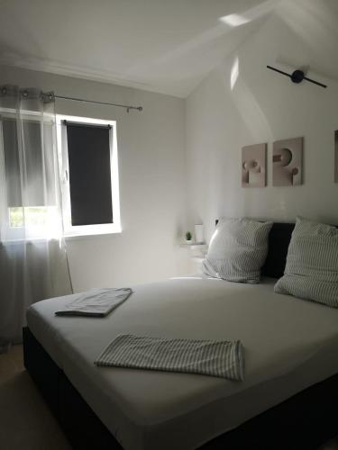 a white bedroom with a large bed with a window at Ferienhausanlage Adria Oasis in Višnjan