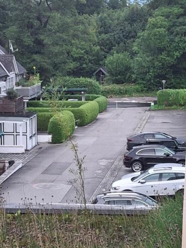 two cars are parked in a parking lot at Golfplatz in Bad Ischl
