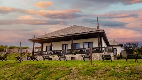 a group of chairs in front of a house at Domeniul Drăgași in Călina