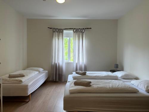 three beds in a room with a window at Hotel Studlagil in Skjöldólfsstaðir