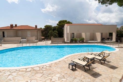 a swimming pool with two benches and a house at L'Alzaia in Chioma
